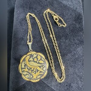 Vtg: Damascene Scolloped Edge Phoenix & Floral Pendant Necklace
